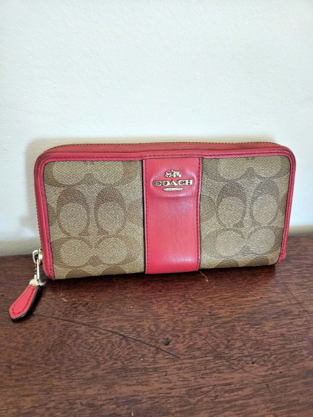 Coach Signature Coated Canvas Center Stripe Accordion Zip Around Wallet
